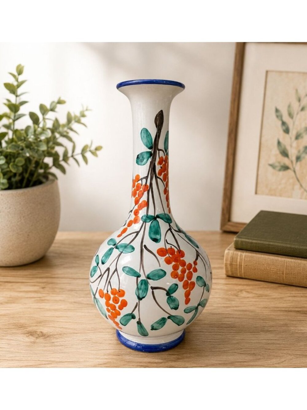 Hand-Painted Italian Ceramic Vase Floral Design Blue Rim Base Vintage Bitossi